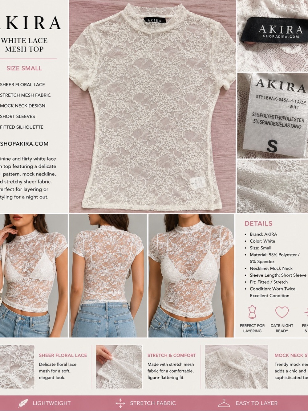 AKIRA White Sheer Floral Lace Mock Neck Top - Small